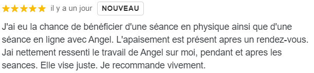 avis google qui dit que l'apaisement est au rendez-vous après une séance. Angel Lunalma vise juste.